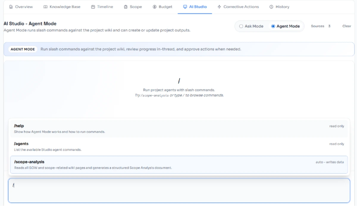 AI Studio agent mode for governed project analysis workflows